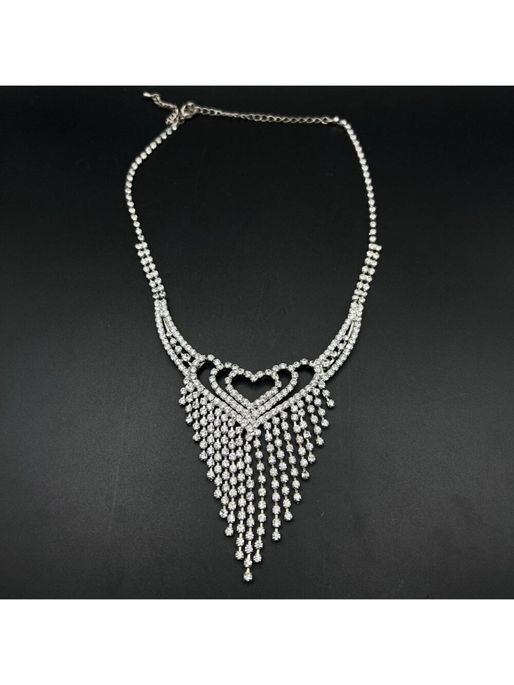 Vintage Rhinestone Fringe Bib Necklace Silver Tone Choker Collar Hearts 16"-18"